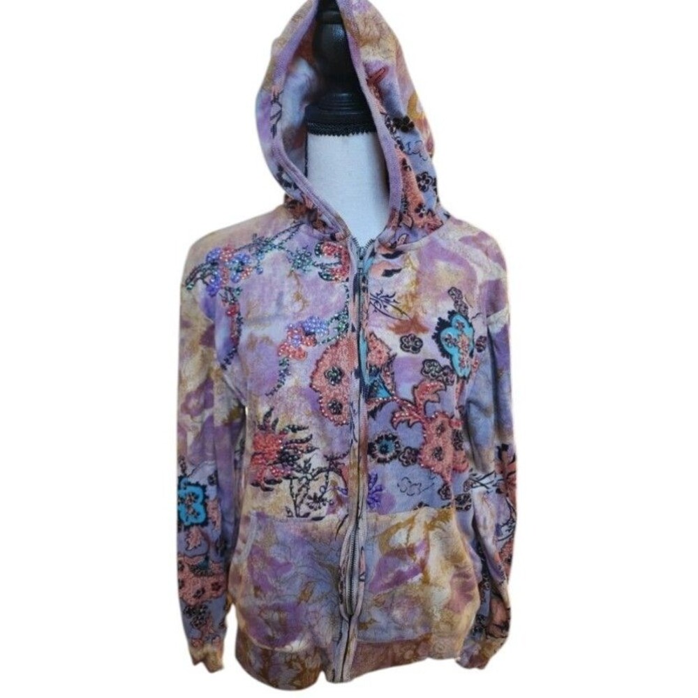 Shana K Embellished Hoodie Size Large Cotton India Full Zip Pockets